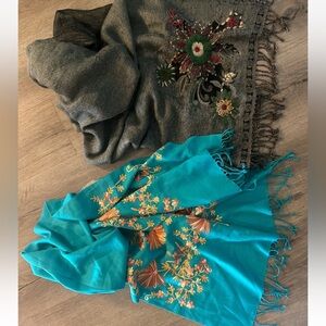 2 Embroidered Floral Scarf Scarves Shawl Wrap Wool Blend? Gray Turquoise Blue